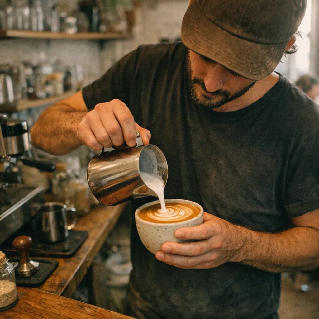 Un barista vierte leche formando arte latte en una taza
