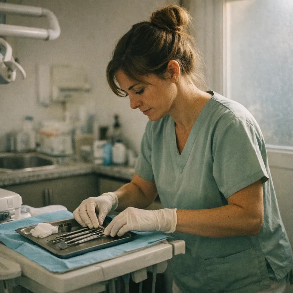 Una higienista dental prepara el instrumental en una bandeja