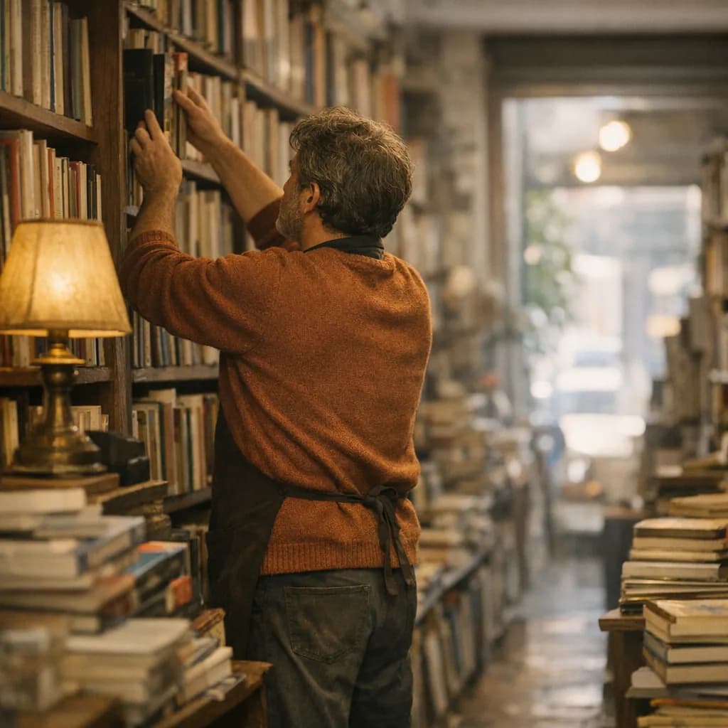 Un librero coloca libros en la estantería de su librería de barrio