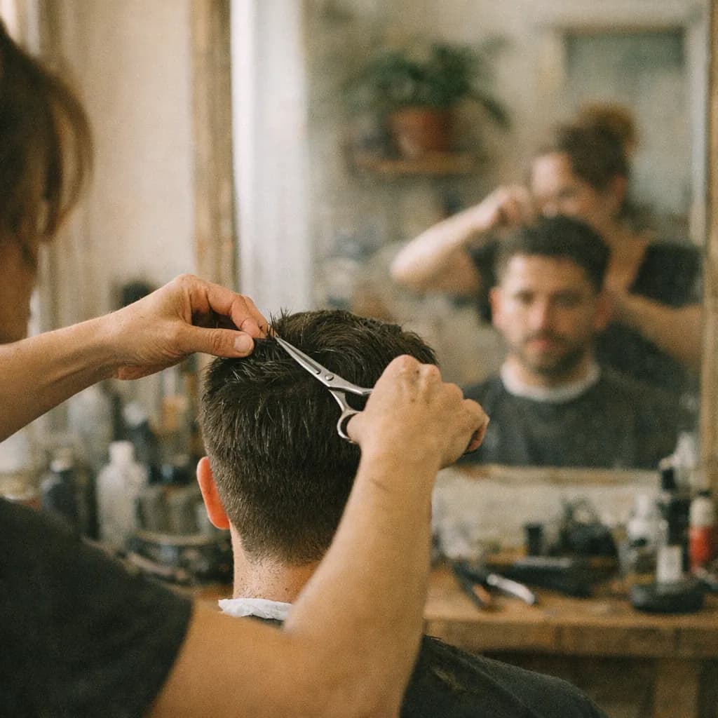 Un peluquero remata un corte con tijera frente al espejo