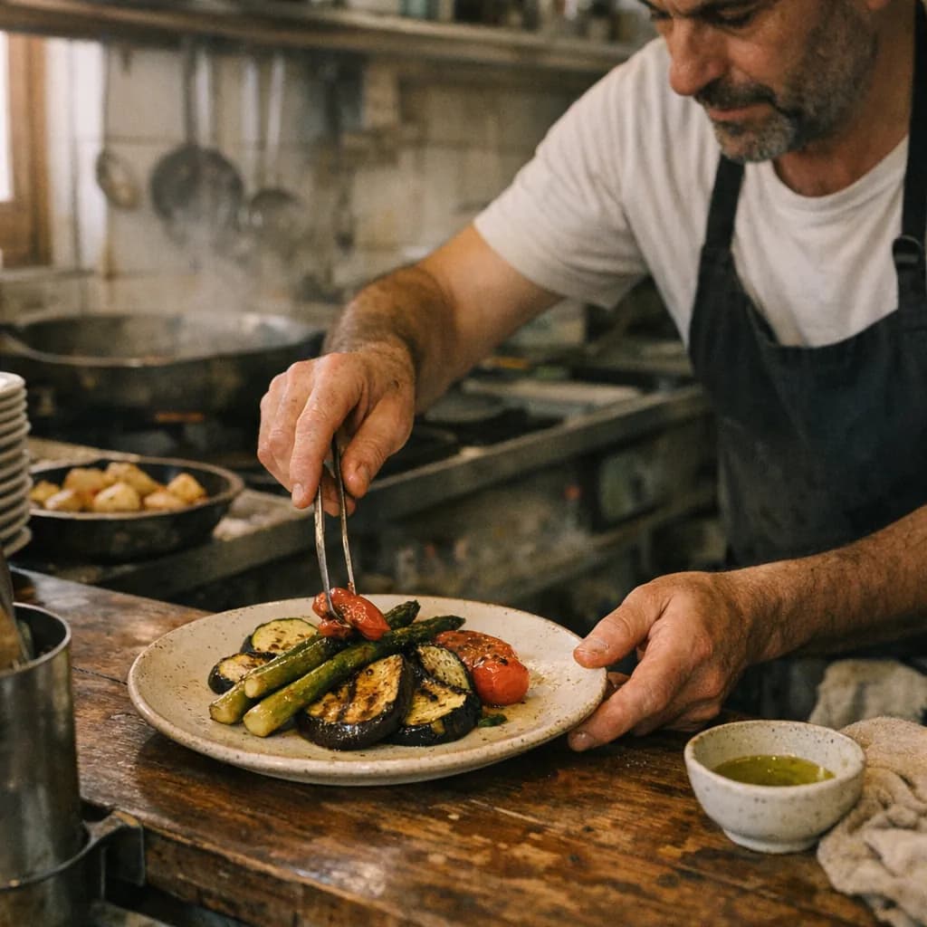 Un cocinero emplata verduras a la brasa en el pase de un restaurante familiar